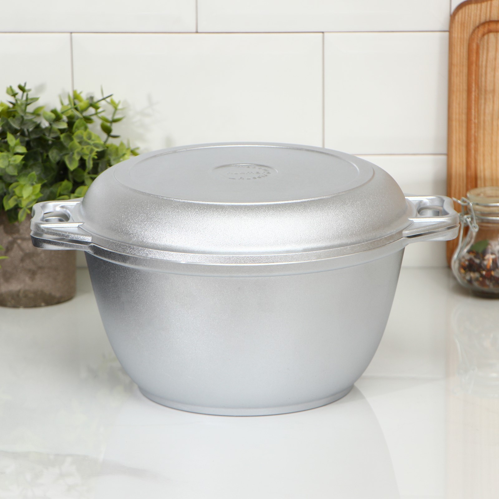 Казан ТМ KUKMARA, 4 л, крышка-сковорода, литые ручки, литой алюминий, серебристый