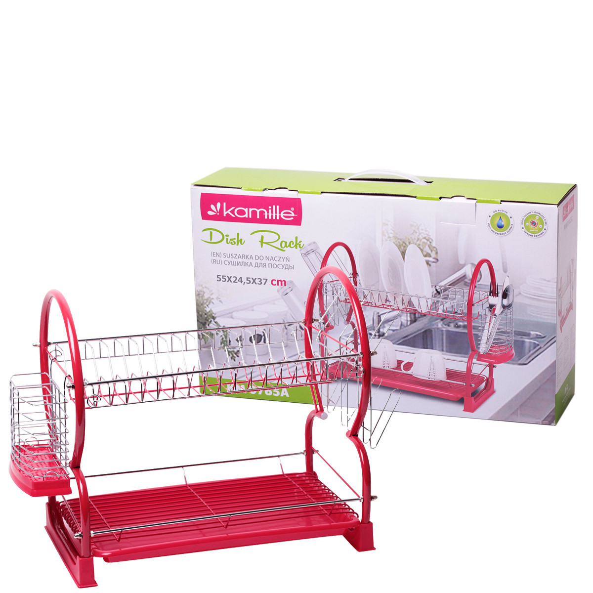 Сушилка для посуды двухъярусная 55х24,5х37 см (красная) Kamille KM-0765A