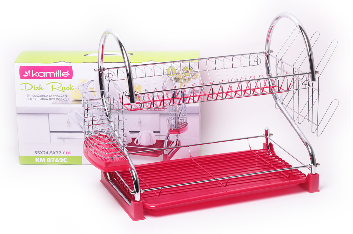 Сушилка для посуды двухъярусная 55х24,5х37 см. из хромированной стали с поддоном (красный) Kamille KM-0762C