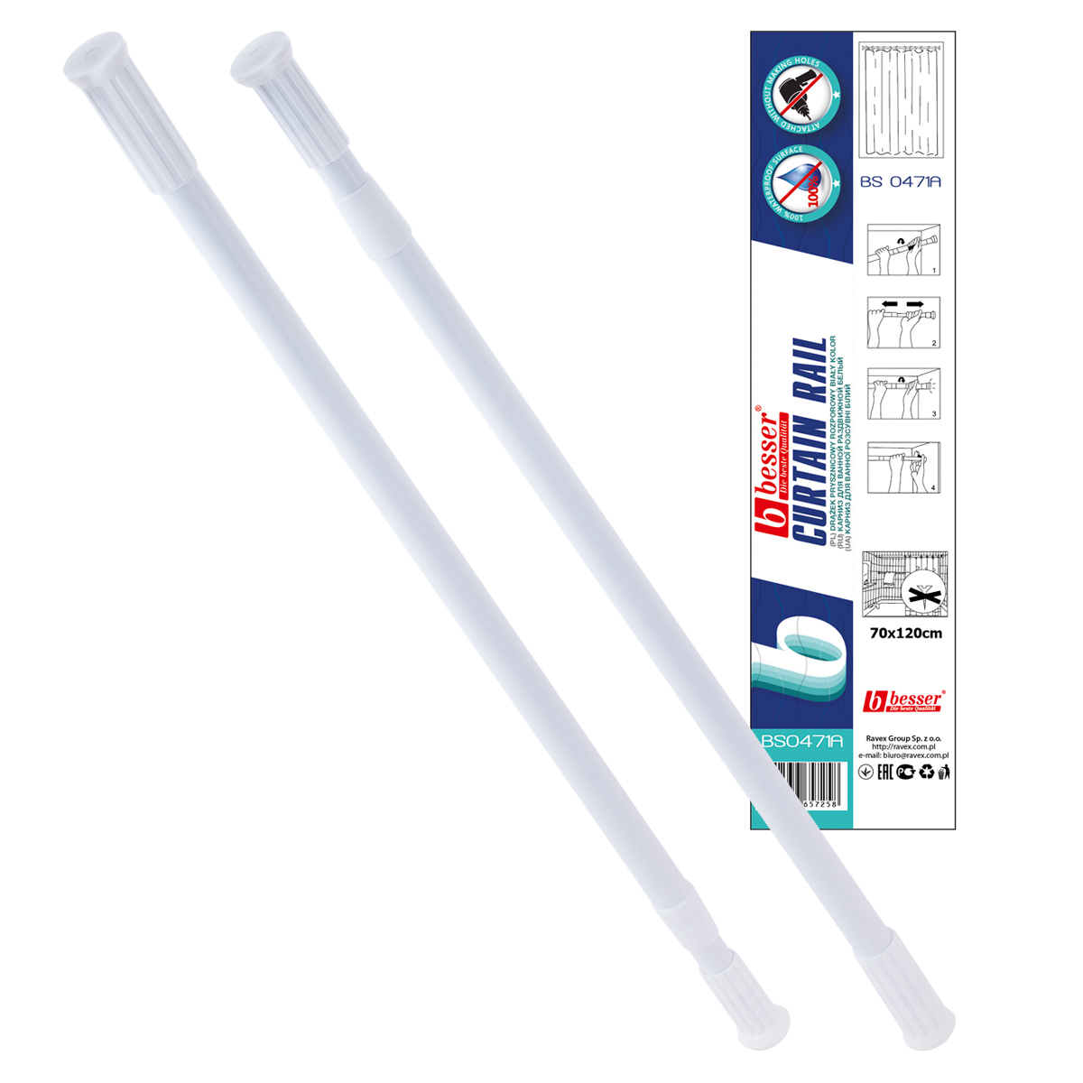 Карниз для ванной телескопический 70-120 см. Besser BS 0471A (белый)