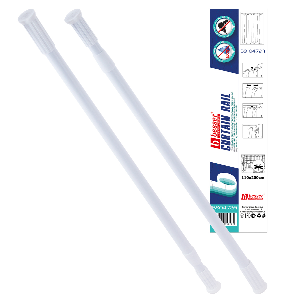 Карниз для ванной телескопический 110-200 см. Besser BS 0472A (белый)