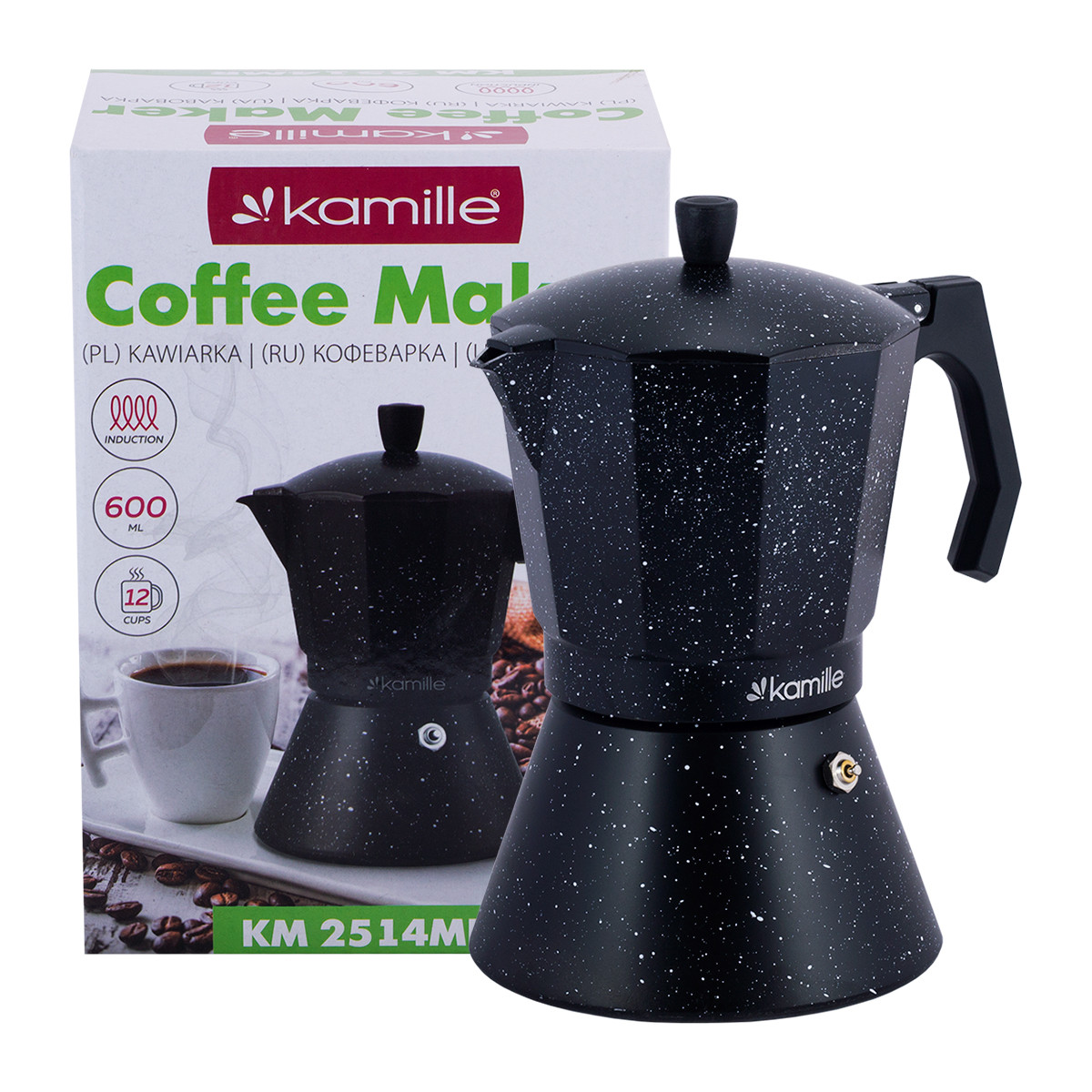 Кофеварка гейзерная 600 мл. (12 порций) из алюминия с индукционным дном Kamille КМ-2514MR (черный мрамор)