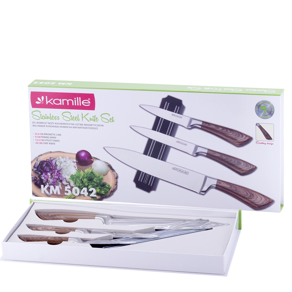 Набор кухонных ножей на магнитной планке Kamille КМ-5042 (3 ножа + держатель)