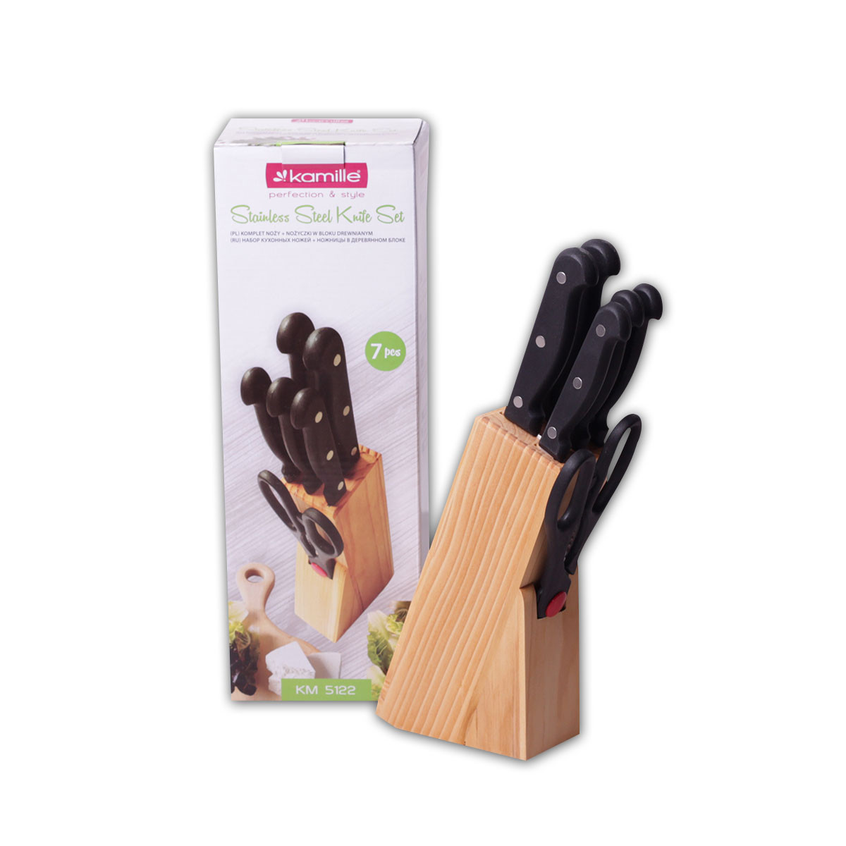 Набор ножей 7 предметов из нержавеющей стали Kamille KM-5122 с деревянной подставкой и ножницами