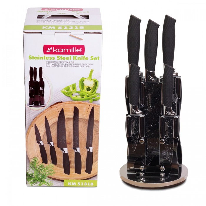 Набор ножей из нержавеющей стали с полыми ручками на акрил.подставке Kamille КМ5131B