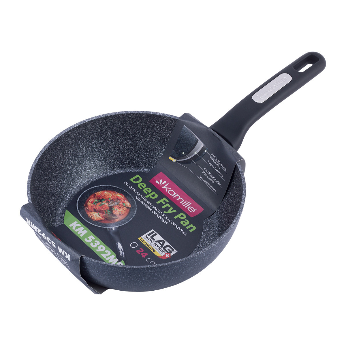 Сотейник Ø24х7,5см. Kamille KM-5392MR с покрытием чёрный мрамор из литого алюминия