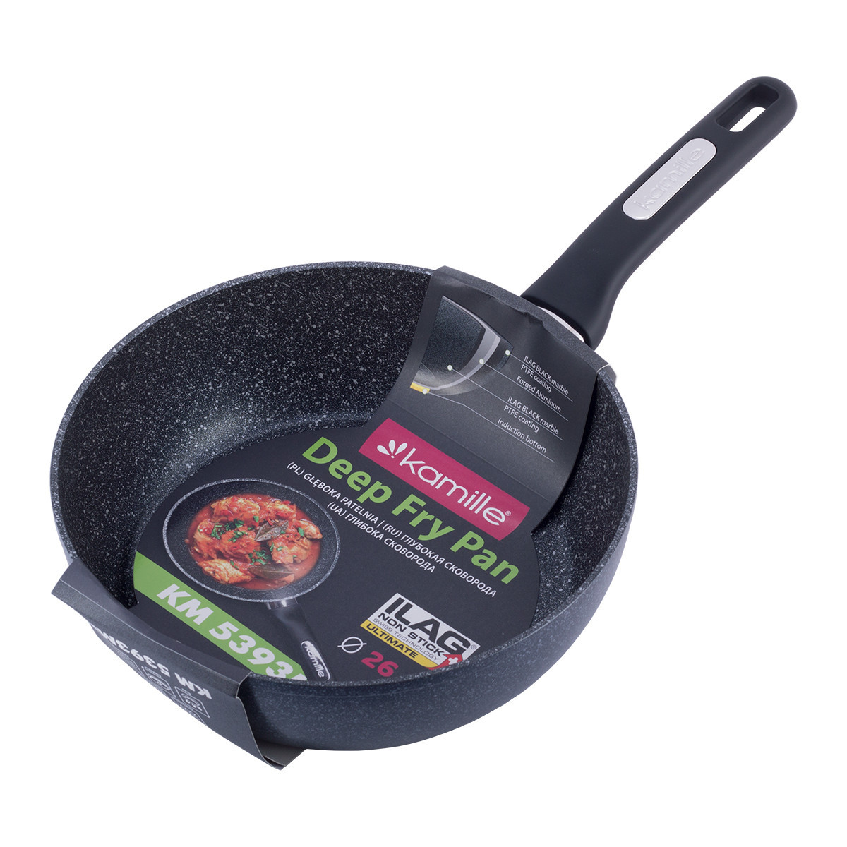 Сотейник Ø26х8см. Kamille KM-5393MR с покрытием чёрный мрамор из литого алюминия