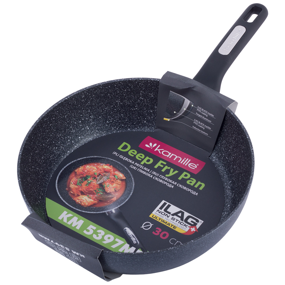 Сотейник Ø30х8см. Kamille KM-5397MR с покрытием чёрный мрамор из литого алюминия