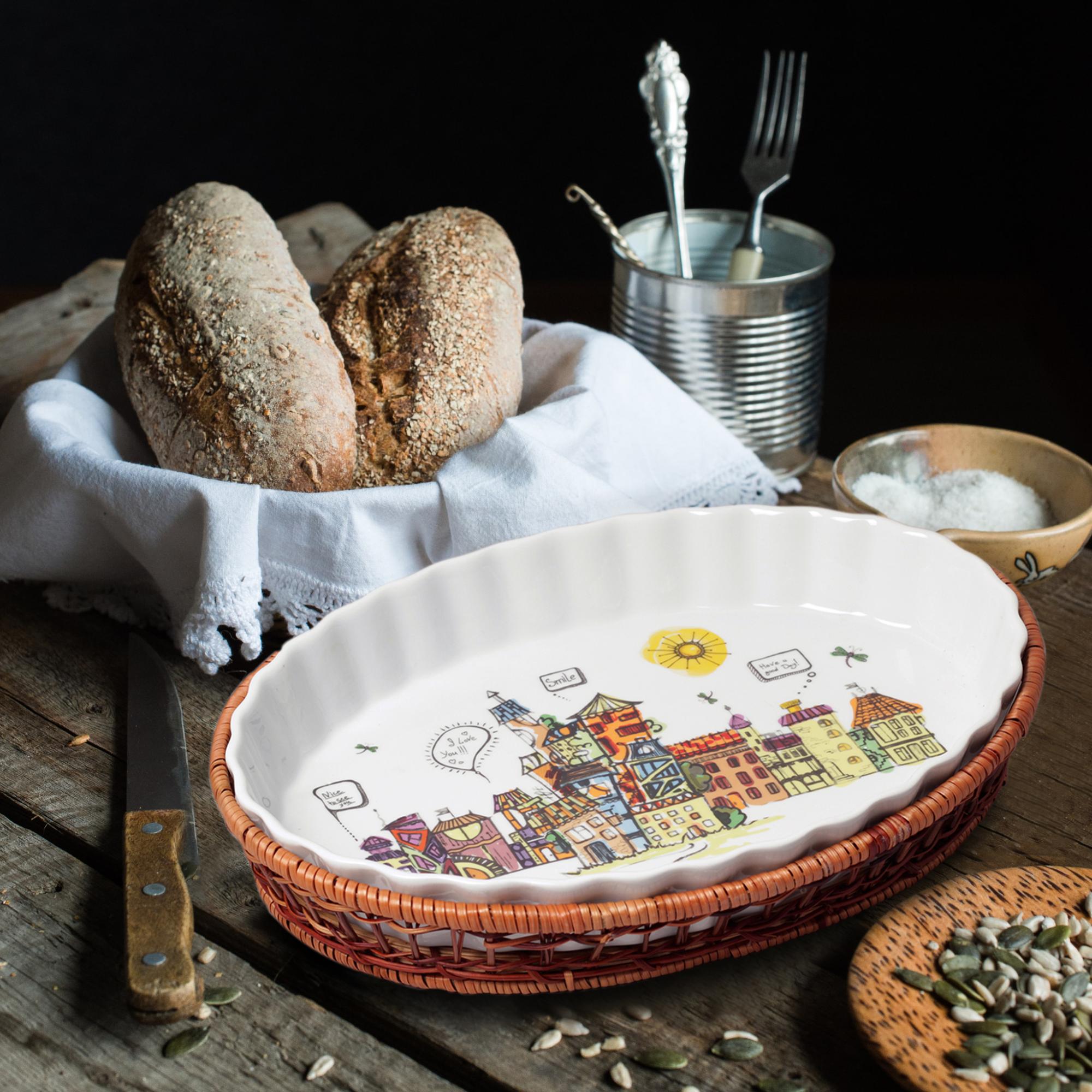 Форма керамическая для запекания 2,1 л. овальная Kamille KM-6300 (33х24х4,5 см) с ротанговой корзинкой