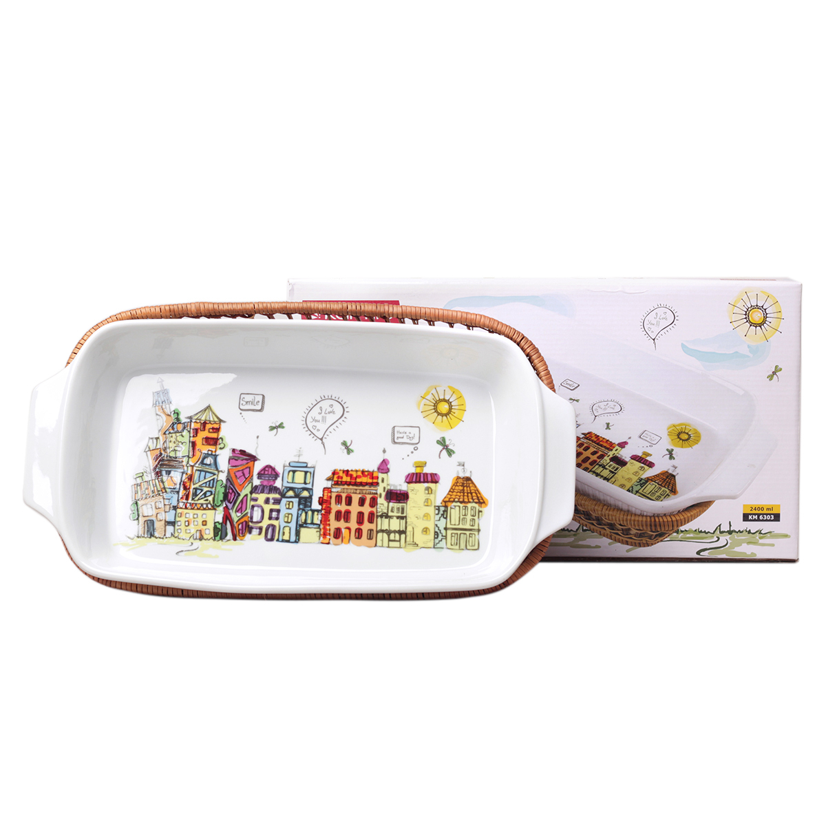 Форма керамическая для запекания 1,5 л. прямоугольная Kamille KM-6304 (35,5х18х5 см) с ротанговой корзинкой
