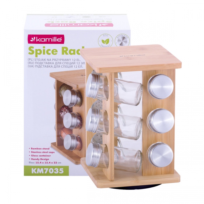 Набор ёмкостей для специй Kamille КМ-7035 (12 шт.) на прямоугольной бамбуковой подставке