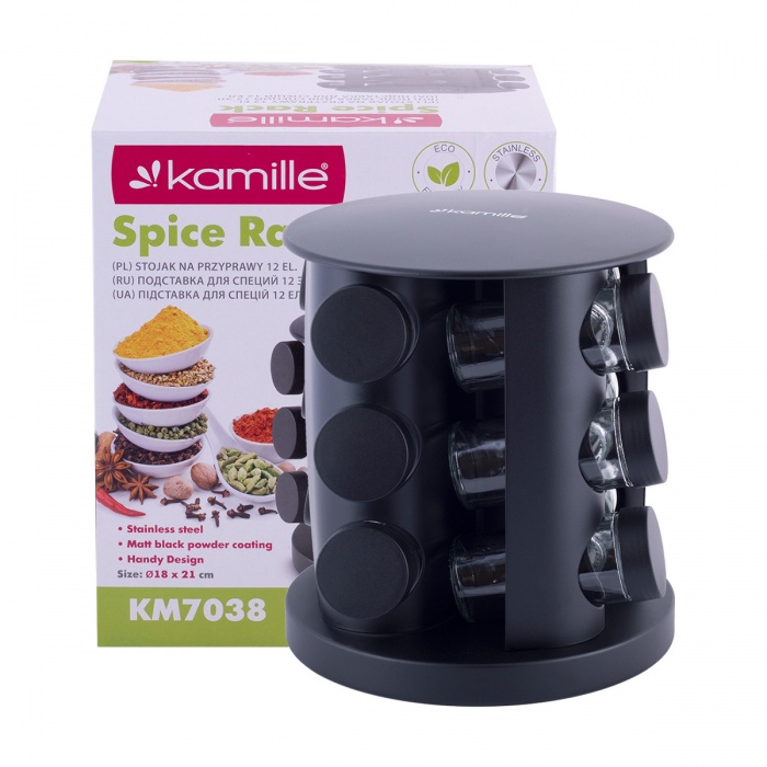 Набор ёмкостей для специй Kamille КМ-7038 (12 шт.) на круглой подставке