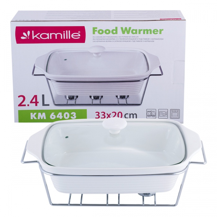 Мармит Kamille керамический 2.4л со стеклянной крышкой и металлической подставкой KM-6403