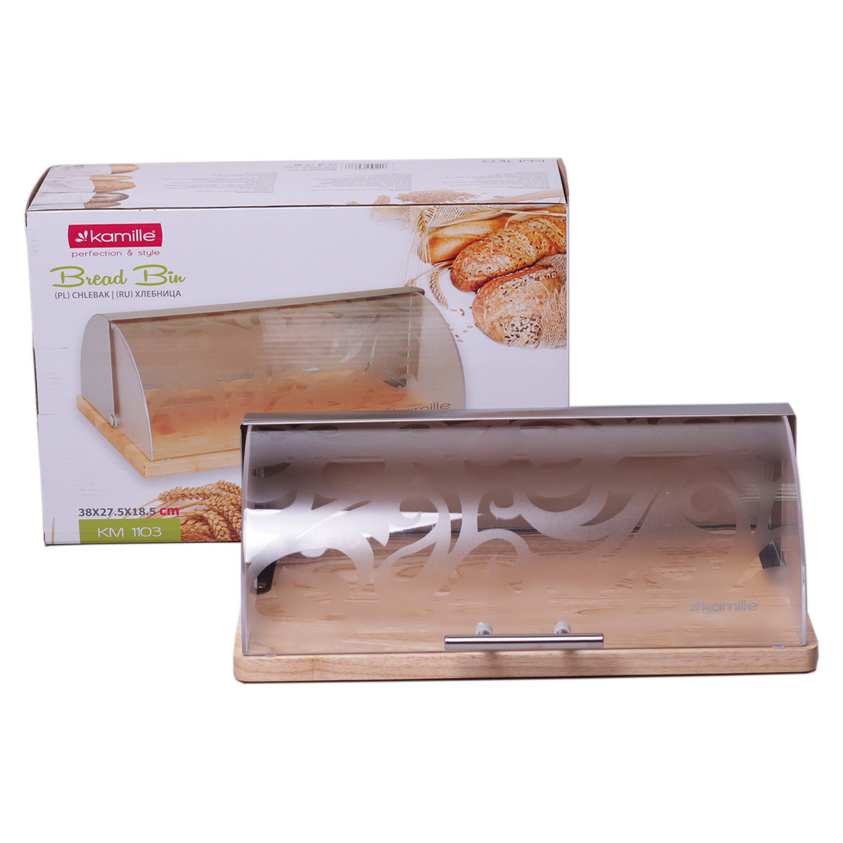 Хлебница 38х27.5х13.5 см (нержавеющая сталь, бамбук, пластик) Kamille КМ-1103