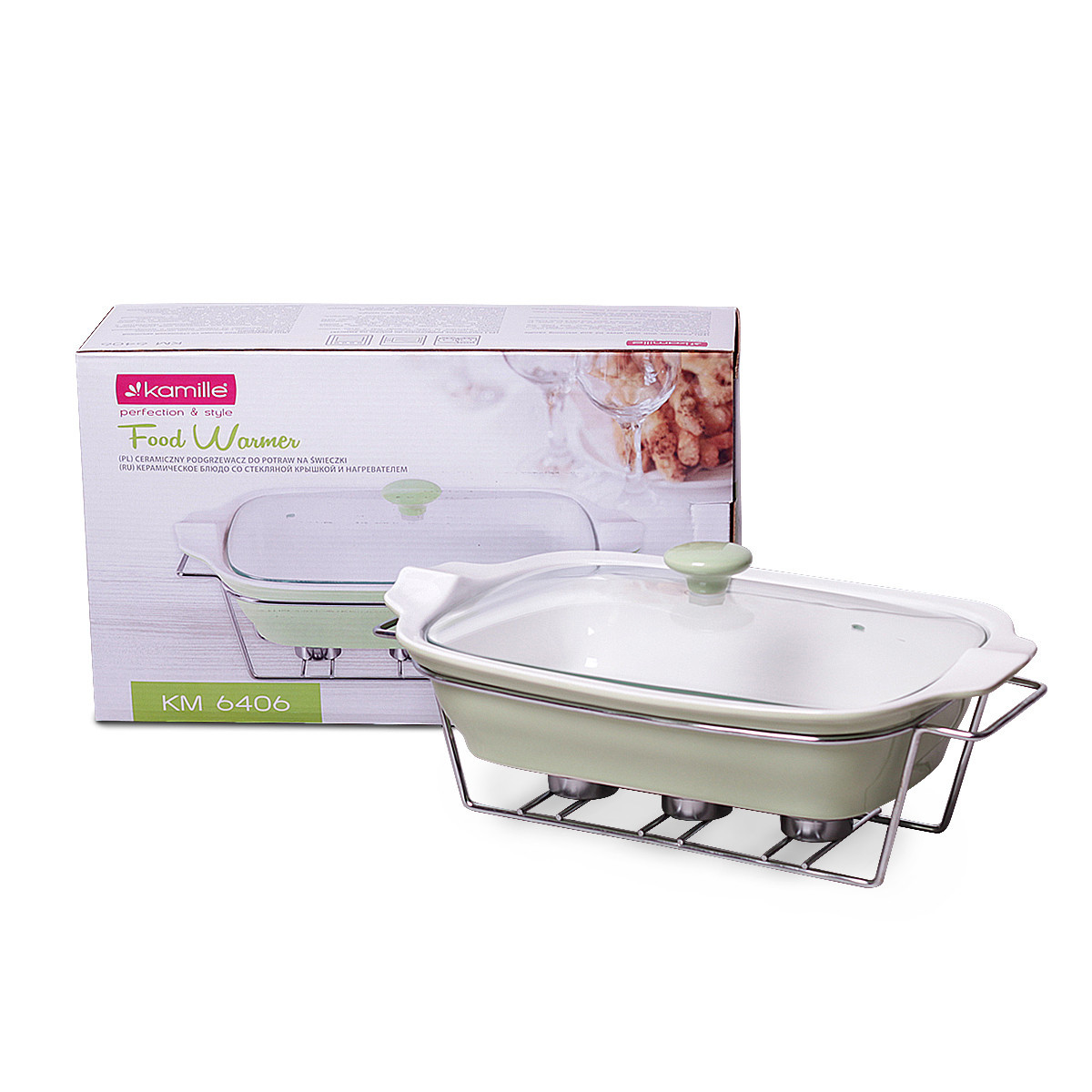 Мармит керамический прямоугольный 2.3 л со стеклянной крышкой (оливковый, розовый) Kamille 6406