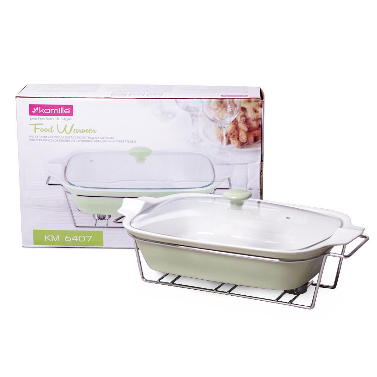 Мармит керамический прямоугольный 3.7 л со стеклянной крышкой (оливковый, розовый) Kamille 6407