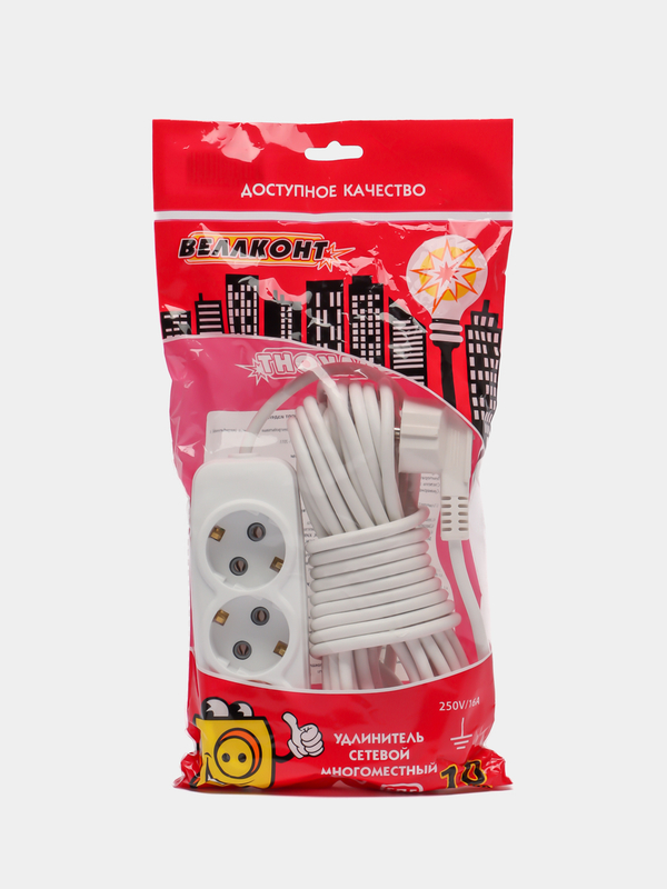 Удлинитель электрический с заземлением, 3500 Вт, 16А, 3 розетки 10м.