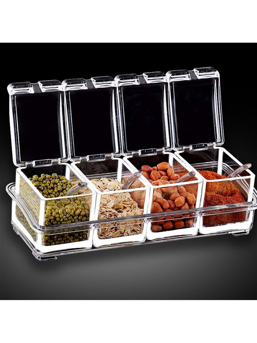 Набор контейнеров для хранения специй и приправ, 4 баночки с ложечкой "Cristal seasoning box"