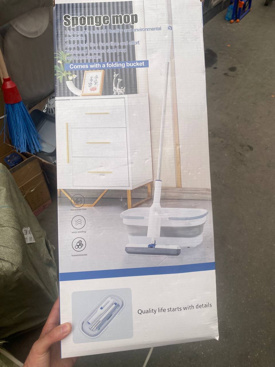 Набор для уборки пола: швабра "Отжим в 1 движение" со складным ведром, "Sponge mop".